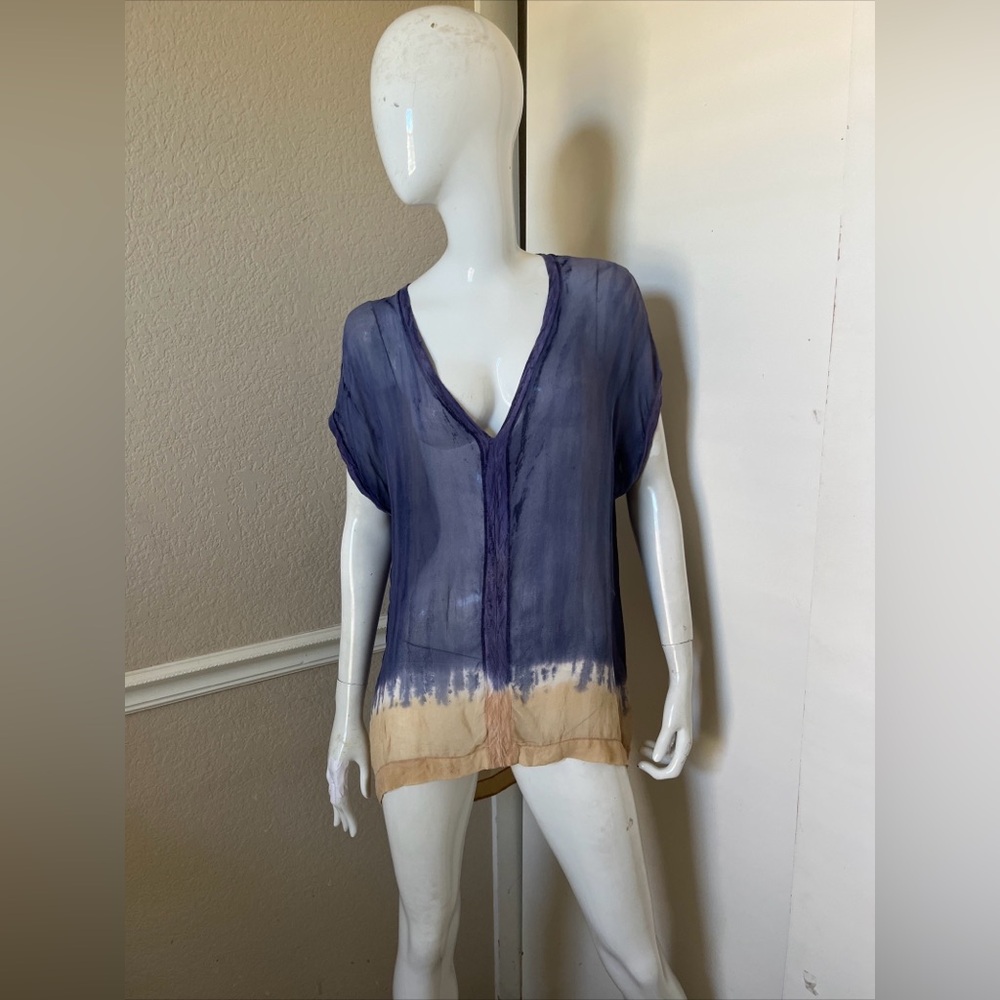 THE REFINERY NEW! Blue/Beige Tie-Dye Raw Silk Cap Sleeve Shirt Blouse Sz S